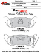 Wilwood ProMatrix rear brake pad inner and outer profile drawing for the D981 pattern