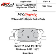 Wilwood ProMatrix rear brake pad inner and outer profile drawing for the D996 pattern