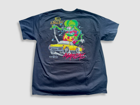 Rat Fink Mid Engine Maniac 914 T-Shirt: Bold, vibrant design with Rat Fink in a tricked-out 914. Perfect for gearheads! Shop now at PMB Performance!