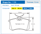 Pagid Racing Rear Brake Pads for Audi A3 1.8 20V