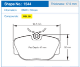 Competition Motorsport Pagid Racing Front Racing Brake Pads No. 1544