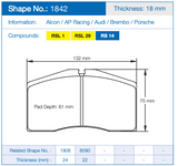 Pagid Racing Front Brake Pad Set No. 1842 for Porsche 964/993/968/928