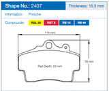 Pagid Racing Front Brake Pad Set No. 2407 for Porsche 993/986/987