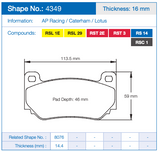 Pagid Racing Front Brake Pad Set No. 4349 for Caterham SP/300.R (2012–)/Lotus Exige V6 Sport 360 Cup (2015–)/Lotus Exige Sport Cup (2006–)