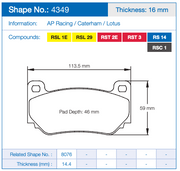 Pagid Racing Front Brake Pad Set No. 4349 for Caterham SP/300.R (2012–)/Lotus Exige V6 Sport 360 Cup (2015–)/Lotus Exige Sport Cup (2006–)