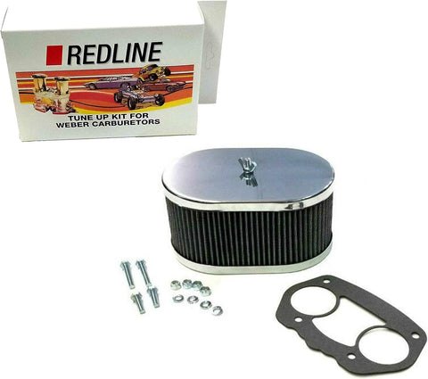 This oval Redline Weber air filter kit is designed for use with 40, 44, and 48 IDF carburetors, providing optimal filtration and performance. Specs: 3 1/4"H x 4 1/2"W x 6 7/8"L. PMB Performance offers a wide range of Weber carburetor air filters and Weber carburetor parts for all your Weber carburetor tuning needs.