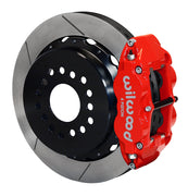 Wilwood rear red Superlite 4R caliper beside a 14.00-inch slotted rotor, angled assembly for new-style Big Ford 2.50-inch offset