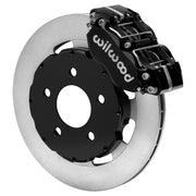 Wilwood front black Narrow Dynapro caliper beside an 11.75-inch plain-face rotor, angled assembly for Mustang Pro-Street disc spindle
