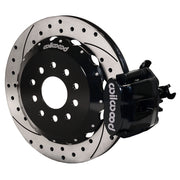 Wilwood rear black CPB caliper beside a 12.88-inch drilled/slotted rotor, angled assembly for later Mustang axle, 2.66-inch offset