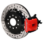 Wilwood rear red CPB caliper beside a 12.88-inch drilled/slotted rotor, angled assembly for later Mustang axle, 2.66-inch offset
