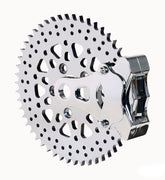 Wilwood polished GP310 right rear motorcycle caliper beside the drilled 48-tooth sprocket rotor, angled assembly view