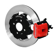 Wilwood rear red CPB caliper beside a 12.19-inch plain-face rotor, angled assembly for Honda/Acura original-disc hub arrangement