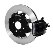 Wilwood rear black CPB caliper beside a 12.19-inch plain-face rotor, angled assembly for Honda/Acura original-disc hub arrangement