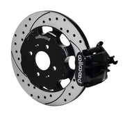 Wilwood rear black CPB caliper beside a 12.19-inch drilled/slotted rotor, angled assembly for Civic 200 × 35 mm drum-hub layout