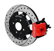 Wilwood rear red CPB caliper beside a 12.19-inch drilled/slotted rotor, angled assembly for Civic 200 × 35 mm drum-hub layout