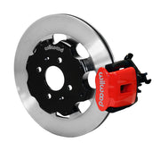 Wilwood rear red CPB caliper beside a 12.19-inch plain-face rotor, angled assembly for Civic 200 × 35 mm drum-hub layout