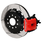 Wilwood rear red CPB caliper beside a 12.88-inch slotted rotor, angled assembly for S2000 rear parking-caliper setup