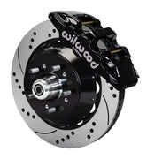 Wilwood front black AERO6 caliper beside a 14.00-inch drilled/slotted rotor, angled assembly for ProSpindle AERO6 mounting