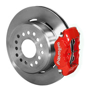 Wilwood rear red Dynalite caliper beside a 12.19-inch plain-face rotor, angled assembly for Mopar/Dana snap-ring-bearing end