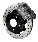 Wilwood front gray Narrow Dynapro caliper beside an 11.75-inch drilled/slotted rotor, angled assembly for late F-body vented-rotor arrangement