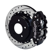 Wilwood C4 Corvette Rear SRP Brakes, Black Four-Piston Calipers, angled black caliper and drilled/slotted rotor assembly