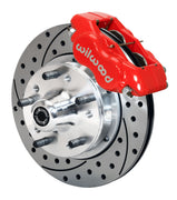 Wilwood AMC Front Brake Kit, Red Calipers and Drilled Rotors, angled red caliper and drilled/slotted rotor assembly