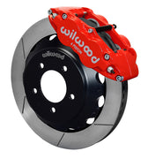 Wilwood Mazda RX-7 Front Brake Kit, Red GT Configuration, angled red caliper and slotted rotor assembly