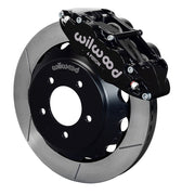 Wilwood RX-7 Front Brakes, Black Six-Piston GT Package, angled black caliper and slotted rotor assembly