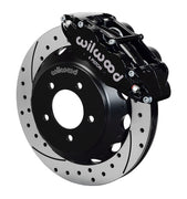 Wilwood RX-7 Front Brake Package, 14-Inch Drilled Rotors, angled black caliper and drilled/slotted rotor assembly