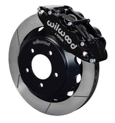 Wilwood Black RX-7 Front Brakes, 14-Inch GT Rotors, angled black caliper and slotted rotor assembly