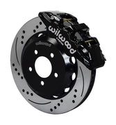 Wilwood Black AERO6 Front Brake Kit for BMW E46, SRP Rotors, angled black caliper and drilled/slotted rotor assembly