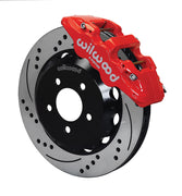 Wilwood Red BMW E46 Front Brakes with 14-Inch SRP Rotors, angled red caliper and drilled/slotted rotor assembly