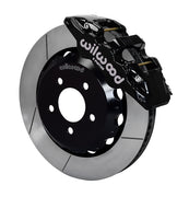 Wilwood BMW E46 Front Brakes, Black AERO6 and GT Rotors, angled black caliper and slotted rotor assembly