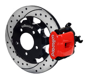 Wilwood Red Civic Si Rear Brakes with SRP Vented Rotors, angled red caliper and drilled/slotted rotor assembly