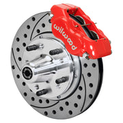 Wilwood Red Dynalite Front Brakes for 1965–1968 Chevrolet, angled red caliper and drilled/slotted rotor assembly