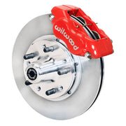 Wilwood Red Chevy Front Brake Kit, 11-Inch Plain Rotors, angled red caliper and plain rotor assembly
