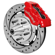 Wilwood Chevy Front SRP Kit, Red Calipers and 12.19-Inch Rotors, angled red caliper and drilled/slotted rotor assembly