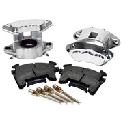 Wilwood Polished D154 Front Brakes with BP-10 Pads, paired polished silver calipers, pads and slide pins, wider product view