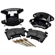 Wilwood Black Twin-Piston Front Brakes, D154 Metric Mounts, paired black calipers, pads and slide pins, wider product view