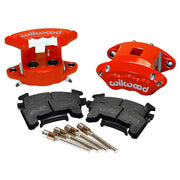 Wilwood Red D154 Rear Brakes, Dual 1.12-Inch Pistons, paired red calipers, pads and slide pins, wider product view