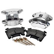 Wilwood Polished Rear Metric Brakes with 1.12-Inch Bores, paired polished silver calipers, pads and slide pins, wider product view