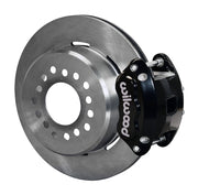 Wilwood Big Ford Rear Brake Kit, Black D154 and Parking Shoes, angled black caliper and plain rotor assembly