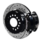 Wilwood Black Forward-Mount Rear Brakes, Big Ford SRP Kit, angled black caliper and drilled/slotted rotor assembly