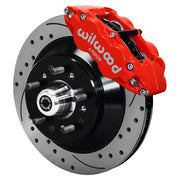 Wilwood Red Magnum Force Front Brakes with SRP Rotors, angled red caliper and drilled/slotted rotor assembly