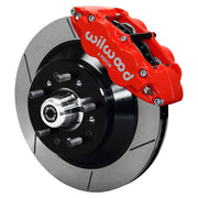 Wilwood Magnum Force Front Brake Conversion, Red GT Kit, angled red caliper and slotted rotor assembly