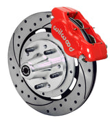 Wilwood front Forged Dynalite Internal kit for Chevrolet Bel Air/Nomad/One-Fifty Series/Sedan Delivery/Two-Ten Series/Del Ray: red caliper and 12.19-inch drilled and slotted rotor in assembled view