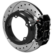 Wilwood rear Forged Dynalite Internal kit for Strange Engineering Floater 3.49-inch offset: black caliper and 12.19-inch drilled and slotted rotor in assembled view