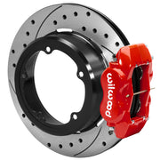 Wilwood rear Forged Dynalite Internal kit for Strange Engineering Floater 3.49-inch offset: red caliper and 12.19-inch drilled and slotted rotor in assembled view