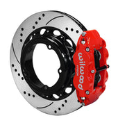 Wilwood rear Forged Narrow Superlite 4R kit for Strange Engineering Floater 3.49-inch offset: red caliper and 12.88-inch drilled and slotted rotor in assembled view