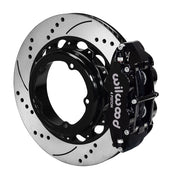 Wilwood rear Forged Narrow Superlite 4R kit for Strange Engineering Floater 3.49-inch offset: black caliper and 14.00-inch drilled and slotted rotor in assembled view